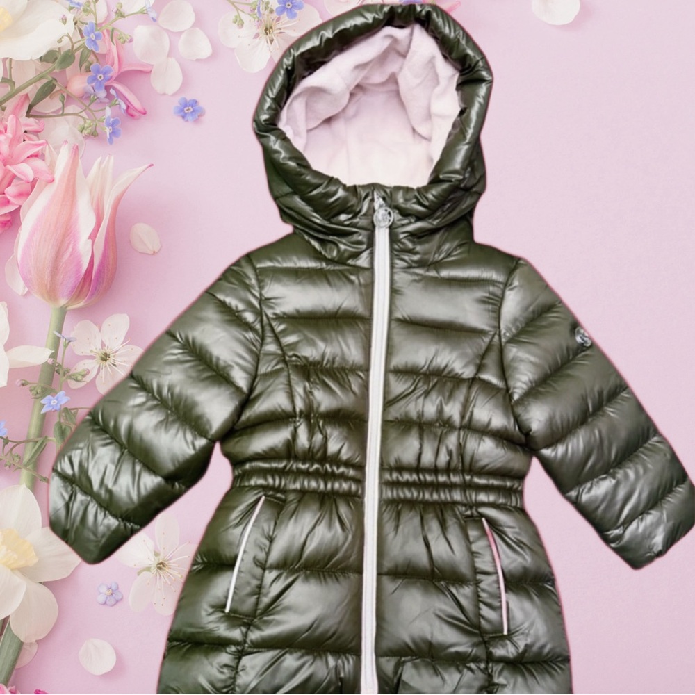 NWT Michael Kors Child’s Hooded Puffer Coat Jacket Dark Olive Green & Pink 2T